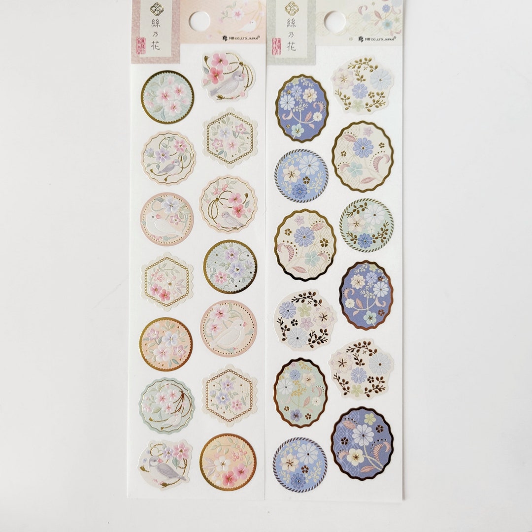 Embossed Pearl Sticker Seals, Birds, Flowers, 1 or 2 Pc, Gold Foil