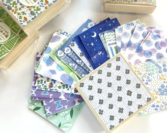 2.75"x2.75" Mino Washi Origami Paper Cool Colors, Chiyogami Paper in Decorative Box, Craft Paper Gift, 12 Patterns, 120 sheets