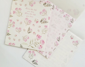 Pink Flower Writing Paper Pad, Ruled Writing Paper, Japanese Stationery, Snail Mail Supplies, 18 sheets, 2 patterns