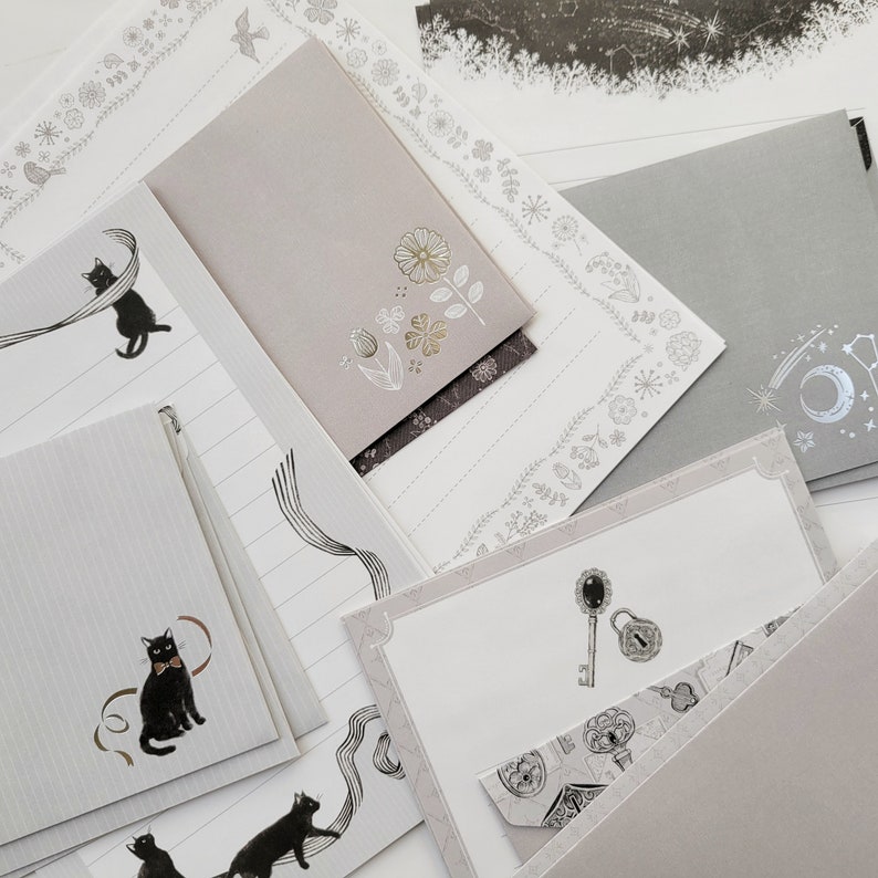 Monotone Letter Set with Silver Accent, Writing Paper Sheets with Envelopes, Flowers, Cats, Stars, Vintage Keys, Japanese Stationery image 6
