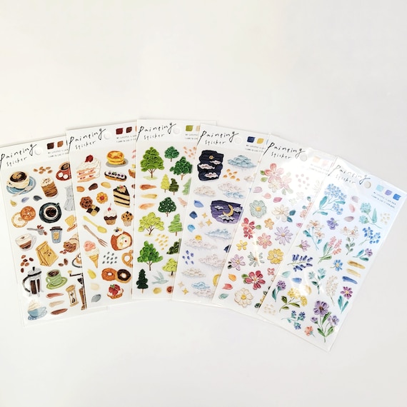Oil Painting Sticker Sheet, Transparent PET Sticker, Coffee Dessert Flower Trees Sky, Seal Gold Accent, Japanese Stationery, 1 or 2ct