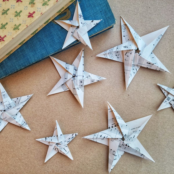 Origami Sheet Music Stars, Folded Paper Stars, Christmas Star Decors, Gift Embellishment, Card Making Supplies, Rustic Music Theme Ornaments