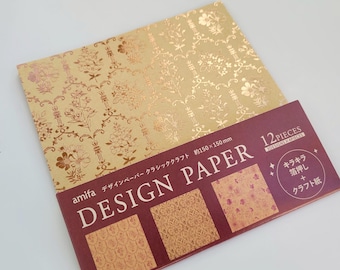 Kraft Origami Paper Foil Applique, 6x6 inch, Gold Stamping, Decorative Craft Paper, Scrapbooking, Floral Damask, 3 Designs, 12 Sheets