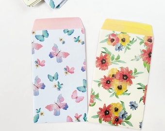 10 Gift Card Coin Envelopes, Gift Card Holders, Mini Small Envelopes, Gift Packaging, Butterfly & Flowers