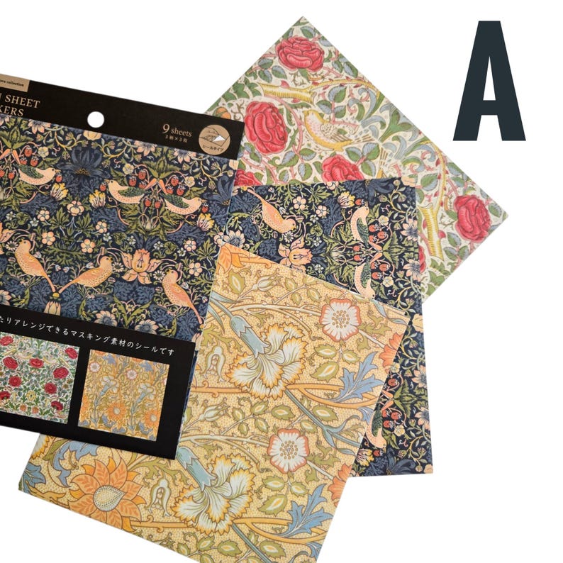 May include: A selection of patterned paper sheets with floral and bird designs. The sheets feature a variety of colours, including navy blue, yellow, and red. Some sheets have text in Japanese. The sheets are arranged in a fan shape.