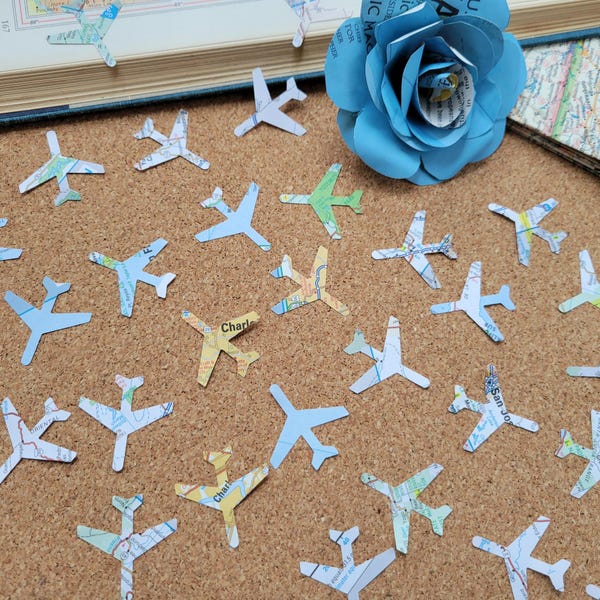 Road Map Airplane Confetti , 1.25" Atlas Paper Die Cut, Travel Theme Party Decor, Vintage Ephemera Junk Journal