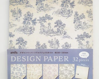 Toile de Jouy Design Paper, 6"x6", Vintage French Scrapbook Paper, Decoupage, Countryside Lake, 15x15cm, One Sided, 4 Patterns, 32 sheets