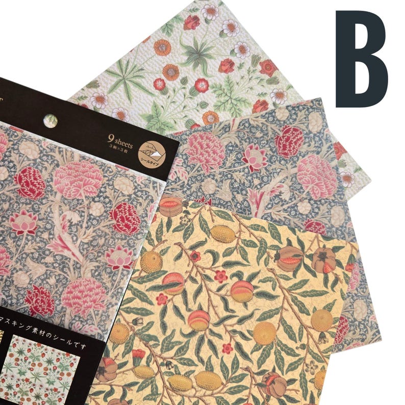 May include: A selection of patterned paper sheets with floral and fruit designs. The sheets display patterns in pink, red, green, and yellow. The packaging indicates there are 9 sheets.
