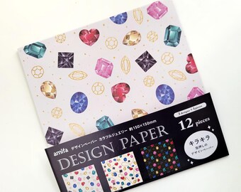 Gemstone Design Paper w/ Gold Foil Stamping, 6"x6", Scrapbook Paper, Decorative Craft Paper, Junk Journal, One Sided, 3 Patterns, 12 sheets