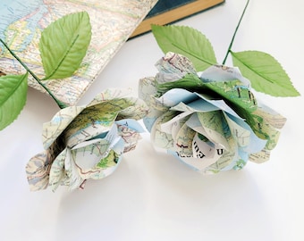 Large Vintage Map Roses with Leaves, World Atlas Paper Flowers, Traveler Gift, Wedding, Anniversary Valentine's, Upclycled Paper Gift, 4.5"