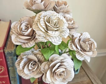 Book Page Paper Rose, Long Stemmed Book Flowers with Leaves, Literary Wedding Centerpiece, Bookshelf Room Decor, Reader Writer Bookworm Gift