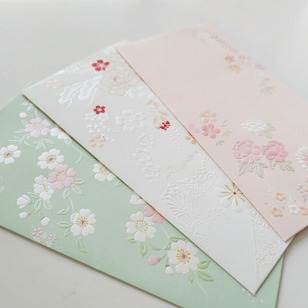 3 Floral Money Envelopes, Embossed Wedding Fund Envelope, All Occasion Cash Gift Envelope, Pearl Silk Paper