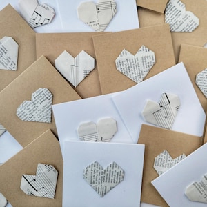 Cartes de correspondance coeur livre 3 x 3 po, assortiment de mini-cartes origami, mot d'amour minimaliste, papeterie de mariage, feuille de musique pour dictionnaire