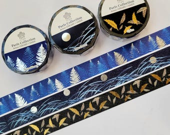 Leaf and Moon Washi Tape, 15mm, Iriya Paris Collection, Silver Gold Foil Craft Tapes, Lune D'Encre/Notes Bleues/Opera, by Saien