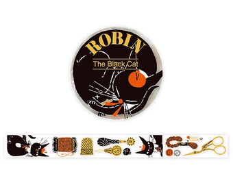 Black Cat Robin Washi Tape, 20mm, Journal Masking Tape, Kawaii Stationery Gift,