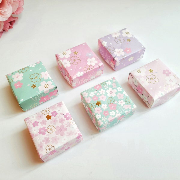 6 Origami Gift Boxes, Cherry Blossom Pattern with Bronze Accent, Gift Wrap for Jewelry Candy Party Favor, Japanese Masu,