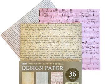 Vintage Style Origami Design Paper Pack, 6"x6"/15x15cm, One Sided, Old Sheet Music, Handwriting, Book Page, 3 Patterns, 36 sheets