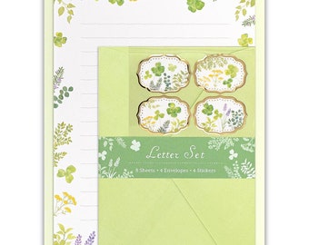 Greenery Japanese Letter Set, Green Leaves, Writing Paper with Envelopes, Gold Foil Seal, Pen Pal Stationery, Summer Theme