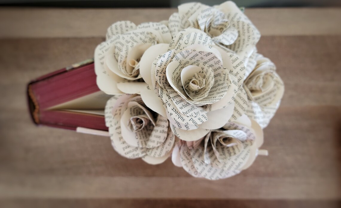Book Page Roses With Stem Vintage Paper Flowers Literary - Etsy