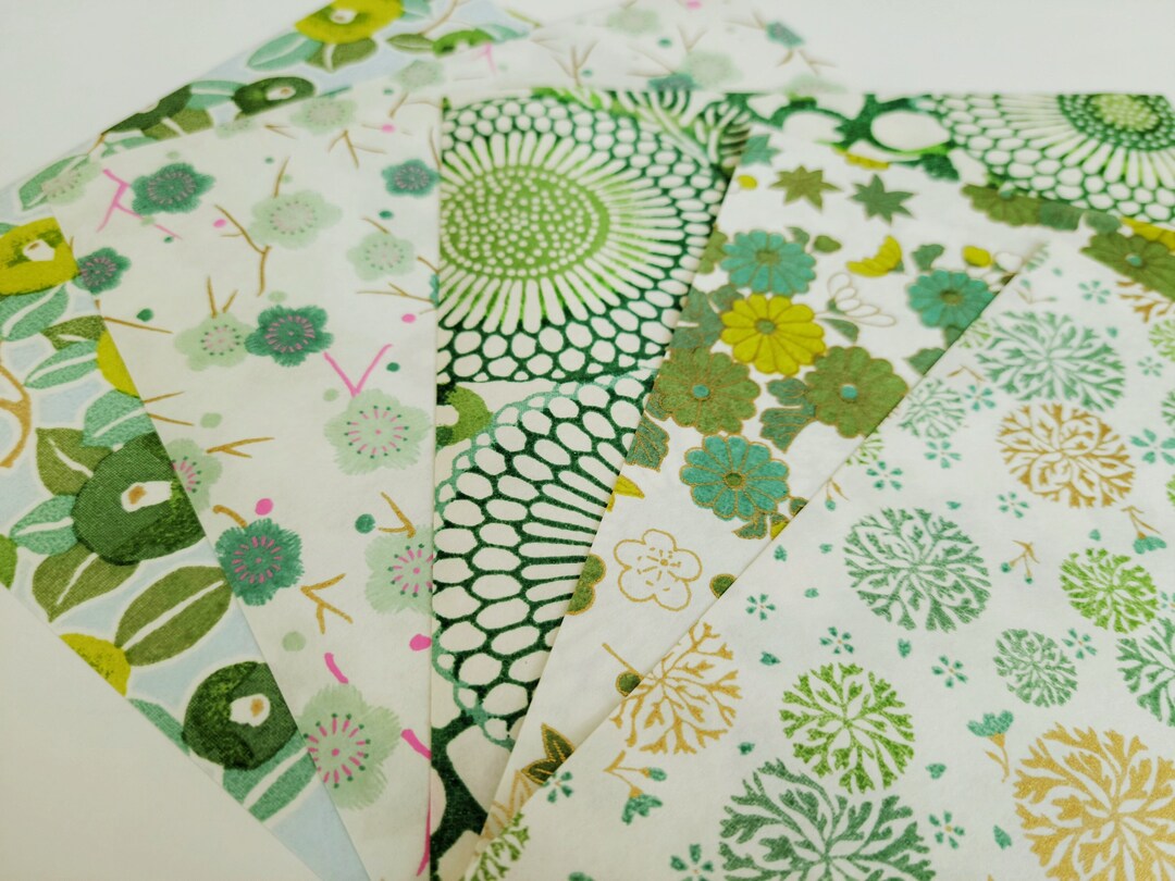 Green Origami Yuzen Washi Paper Pack, 10 Sheet, 5 Patterns, Japanese