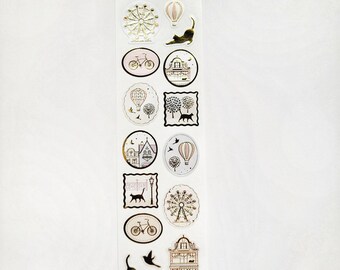 Lueur doree Embossed Envelope Seals, Gold Foil Stamping Sticker Sheet, Glossy Pearl Paper, Cats, Hot Air Balloon, Fairs