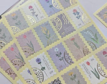 Floral Postage Stamp Sticker Sheet, Vintage Style Envelope Seal, Die Cut Stickers (64 pieces)