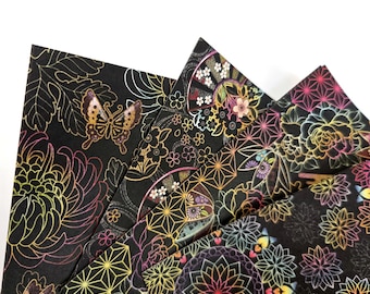 Dark Rainbow Origami Paper, Japanese Black Washi Chiyogami, Traditional Designs, 15x15cm (6"x6"), 4 Designs, 28 Sheets