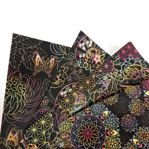 Dark Rainbow Origami Paper, Japanese Black Washi Chiyogami, Traditional Designs, 15x15cm (6"x6"), 4 Designs, 28 Sheets