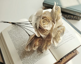 Book Page Roses with Stem, Vintage Paper Flowers, Literary Wedding Flowers, Book Shelf Decor, Book Lover Gift, Anniversary Valentine's Gift