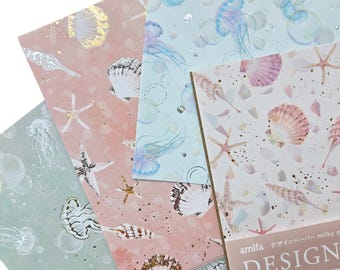 Milky Ocean Life Origami Design Paper, 6x6 inch, Beach Seashell, Jellyfish, Silver Gold Stamping, Single Sided, 4 Designs, 8 Sheets