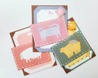 Cute Animal Writing Set, Cat/Sheep/Bear Designs, Kawaii Japanese Letter Sets, Devorative Letterhead and Envelopes, Penpal Mail Supplies