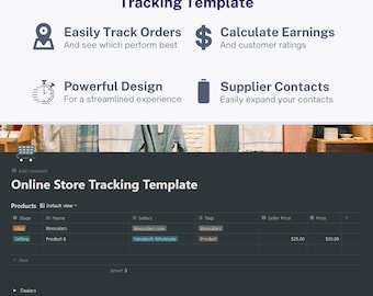 May include: A screenshot of a Notion template for tracking online store products. The template includes columns for stage, item name, sellers, tags, seller price, and price. The template is designed to help users track their online store products and manage their inventory.