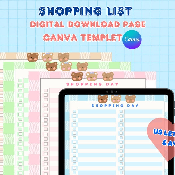 printable shopping list | Editable | Kawaii Printable Stationery | Grocery shopping| food panner | Goodnotes Planner | Canva templet