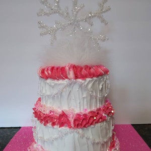 Snowflake Faux Cake: Pink & White Winter Holiday Decor