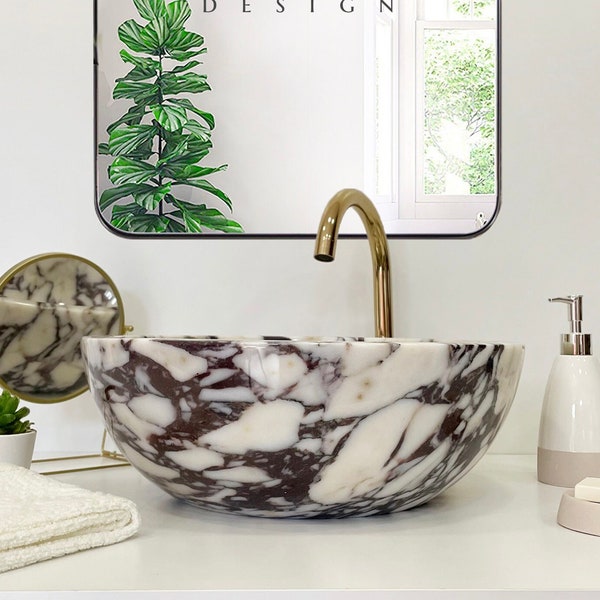 Lavabo de mármol Calacatta Viola, lavabo de baño de mármol hecho a mano, lavabo de mármol, decoración de baño (diámetro de 16" (alto de 6") (EN STOCK)