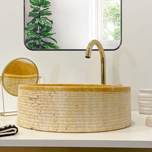 Natural Stone Travertine Vessel Sink, Handmade Travertine Bathroom Vanity Sink, Marble Vessel Sink, Bathroom Decor (D)15.7&quot; (H)5&quot;(IN STOCK)