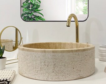 Natural Stone Travertine Vessel Sink, Handmade Travertine Bathroom Vanity Sink, Marble Vessel Sink, Bathroom Decor (D)16&quot; (H)5&quot; (IN STOCK)