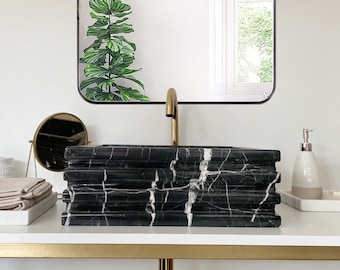 Toros Black Marble Sink,Handmade Marble Bathroom Vanity Sink, Marble Vessel Sink, Bathroom Decor (L)17&quot;(W)17&quot;(H)6&quot;
