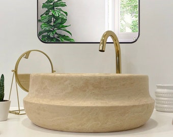 Handgemaakte beige gootsteen van travertijn, natuursteen badkamermeubel (d)16"(h)6"