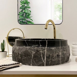 Lavabo de recipiente de mármol negro de Toros, Lavabo de piedra natural hecho a mano, Lavabo de baño, Decoración de baño (P) 16 pulg. (H) 6 pulg. (EN STOCK)