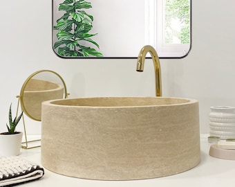 Natural Stone Beige Travertine Vessel Sink, Handmade Travertine Bathroom Vanity Sink, Marble Vessel Sink (D)16&quot; (H)6&quot;