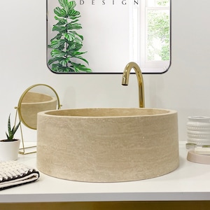 Natural Stone Beige Travertine Vessel Sink, Handmade Travertine Bathroom Vanity Sink, Marble Vessel Sink (D)16" (H)6"