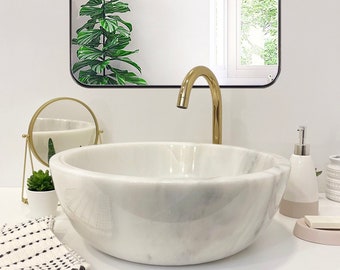 White Marble Sink,Handmade Marble Bathroom Vanity Sink, Marble Vessel Sink, Bathroom Decor  (D)16" (H)6" (IN STOCK)
