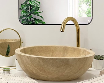 Natural Stone Beige Travertine Vessel Sink,Handmade Marble Bathroom Vanity Sink,Marble Vessel Sink,Bathroom Decor (D)16&quot; (H1)4.7&quot; (H2)5.9&#39;&#39;