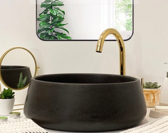 Handmade Basalt Marble Vessel Sink, Modern Bathroom Decor (D)15" (H)6"