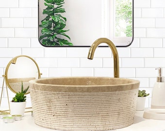 Handgemaakte beige gootsteen van travertijn, natuursteen badkamermeubel (d)16"(h)6"