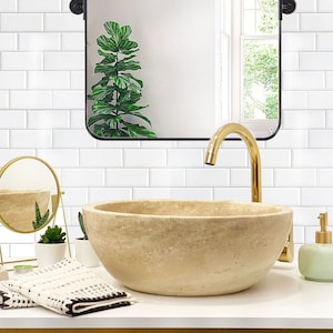 Natural Stone Beige Travertine Vessel Sink, Handmade Travertine Bathroom Vanity Sink, Marble Vessel Sink, (D)16" (H)6" (IN STOCK)