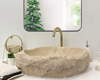 Handgemaakte beige travertijn wastafel, natuursteen badkamermeubel