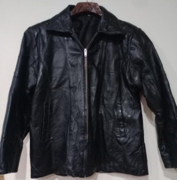 Black Leather sport jacket Mens, Patchwork leathe… - image 1