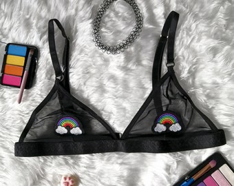 Mesh Bralette Rainbow Rave Bra Festival Bra Lingerie See Through Patches